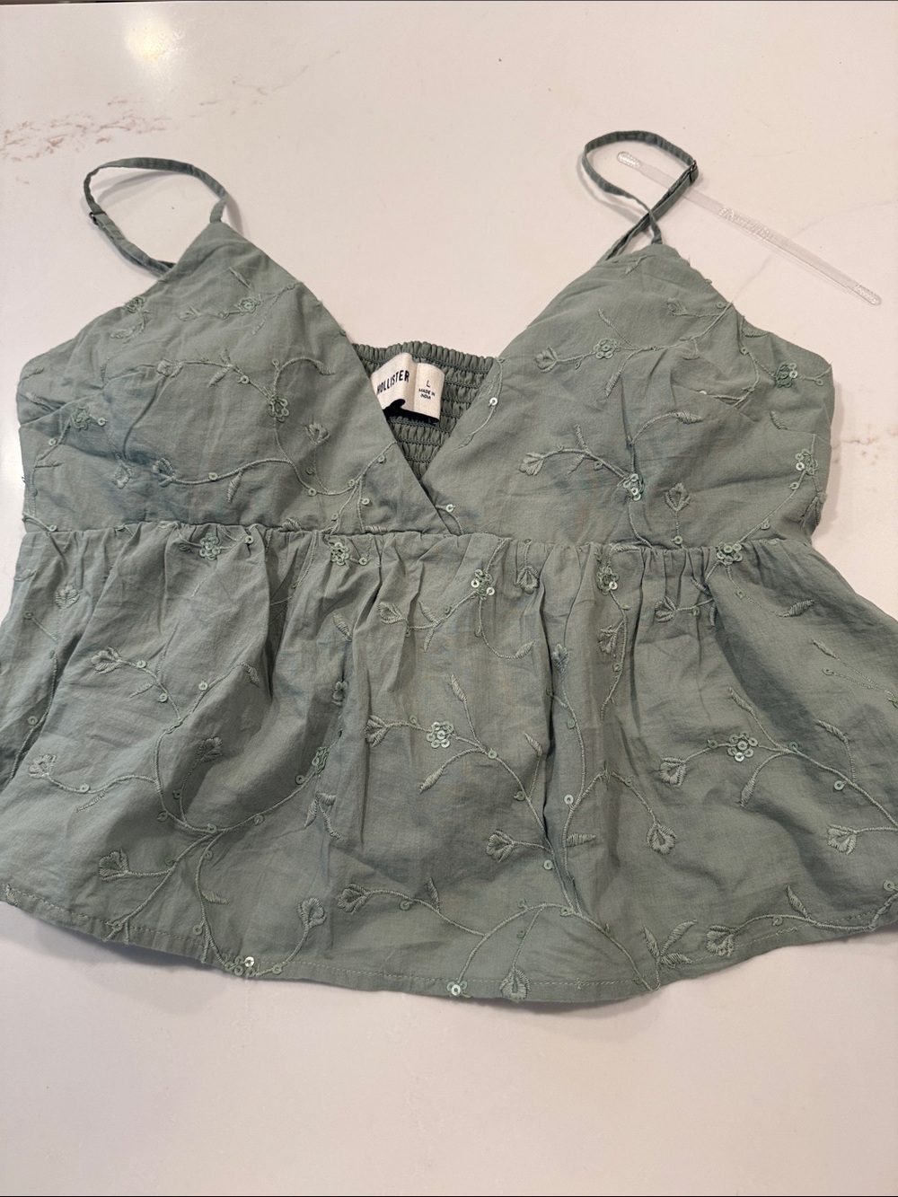 Hollister Sage Green Embroidered Spaghetti Strap Cami